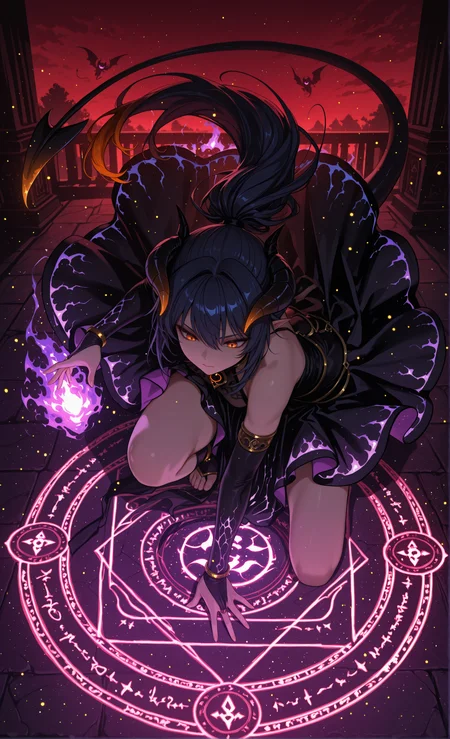 masterpiece, sharp detail, intricate detail, 1girl, solo, (hair shader:0.3), black dress, dark blue hair, orange tips, vivid orange eyes, ponytail, demon horns, pointy ears, purple energy print inner skirt part, toeless legwear, floating dress, off shoulder, bridal gauntlets, gold armlet, gold anklet, on one knee, BREAK (arm on floor, open palm), facing down, casting spell, summoning, silhouette demon, dynamic angle, from above, night, gradient vivid red sky to dark blue sky, huge magic circle, glowing runes,  BREAK chiaroscuro, volumetric lighting, dappled light, dramatic shadows, cinematic lighting, detailed background, light and shadow contrast, <lora:illustriousXL_stabilizer_v1.23:0.7> <lora:NOOB_vp1_detailer_by_volnovik_v1:0.7>    <lora:MeMax5-noob-vpred:1> <lora:DK_glowing_style:0.8>, aura, glowing, glowing particles, glowing flame, light particles, red theme,