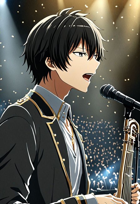 high resolution, solo, best quality, 1Boy, Seiya Kanie, black hair, short hair, thin, singing, portraits, dept of field, virtual concert, playing musical instrument, OverallDetail