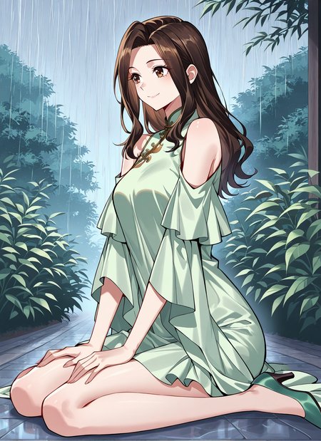 <lora:Lu_Luo:1>
1 girl, solo, long hair, brown hair, brown eyes, bangs
chinese clothes, green dress, bare shoulders, shoulder cutout, clothing cutout, high heels
score_9, score_8_up, score_7_up, very aesthetic, source_anime, detailed, high quality, beautiful, detailed eyes, masterpiece, best quality, absurdres, perfect anatomy, 1girl, solo, wariza, sitting, hands on own knees, garden background, charming smile, rain