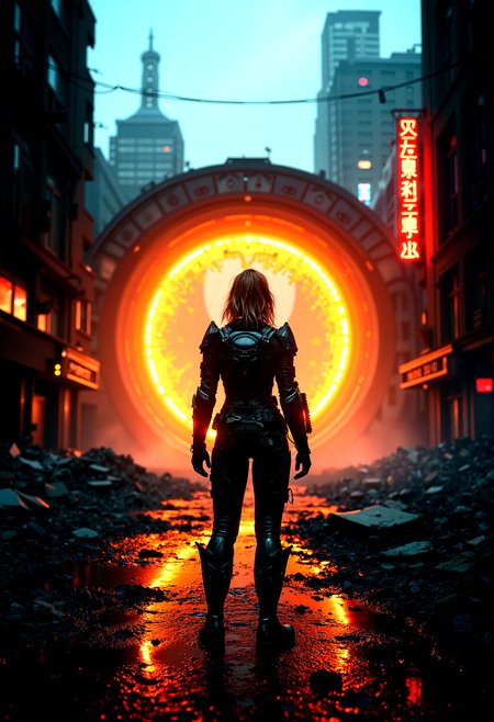extremely photorealistic depiction of The glowing portal, close-up camera shot of a female figure wearing cyberpunk armor  stands at the threshold of a massive tunnel glowing with fiery light, in a dark, stormy world.Ruined buildings with neon signs flickering, combined with digital noise.









