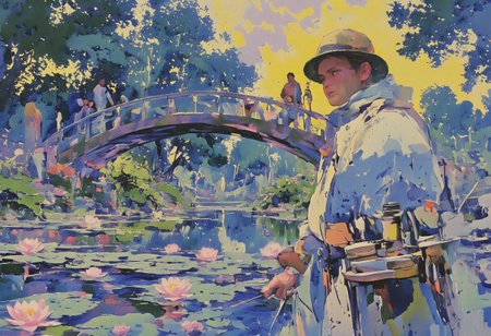 Claude Monet, the renowned Impressionist artist, standing stoically in his Giverny garden in 1914. His eyes are steely with determination as the distant rumble of artillery pierces the tranquil air. He is surrounded by a riot of colorful flowers: vibrant lilies float atop the pond's serene surface, their reflections shimmering under the soft light of a setting sun, while a canopy of green willows arch gracefully over the water's edge. The iconic Japanese bridge stretches across the water, connecting the lush banks. The painter himself is in the foreground, dressed in his signature straw hat and blue smock, palette in hand, brushes resting against a wooden easel that holds a canvas partially obscured by his body. The colors on the palette mirror the hues of the garden, suggesting his deep connection to the natural world. Despite the looming shadow of war, the vividness of Monet's surroundings stands as a testament to his unyielding resolve to continue his artistic endeavors amidst the chaos. The scene is suffused with a poignant silence, a stark contrast to the cacophony of battle that echoes in the distance, serving as a symbol of beauty's steadfastness in the face of destruction. The composition is framed by the darkened sky, hinting at the impending nightfall that metaphorically reflects the tumultuous times, yet it is pierced by a sliver of golden light, a beacon of hope that persists over the horizon of his beloved sanctuary.