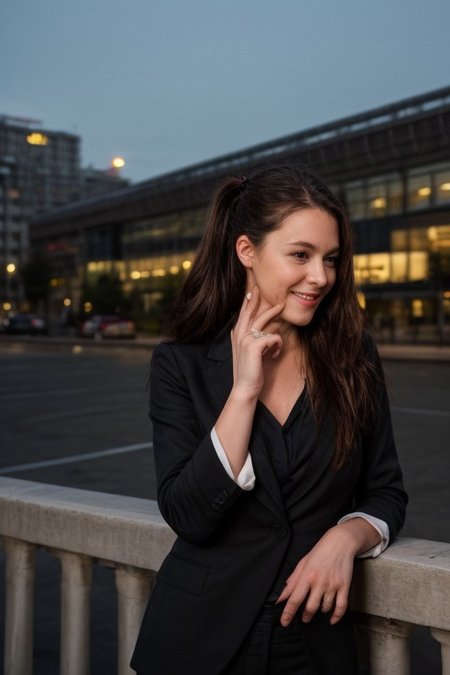 30yo American woman wearing bussiness suit holding a cigarrete
Dark black smooth long hair ponytail. smiling.
Looking at camera.
Dynamic varying pose.
Outside bussiness. Night time,  
Night time, dark.