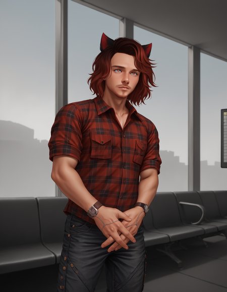 score_9, score_8_up, score_7_up, score_6_up, score_5_up, score_4_up, ultra-detailed, highres, sidelighting, lustrous skin, (bloom), (shine), lighting, ray tracing, sci-fi, solo, solo, brown hair, shirt, 1boy, animal ears, male focus, red hair, pants, cat ears, plaid, window, facial hair, own hands together, denim, red shirt, watch, wristwatch, plaid shirt, animal ears, animal ear fluff, indoors, depth of field, specular highlights, art by artgerm, depth_of_field, very detailed background, highly detailed background, Masterpiece, Ultra detailed, great composition, (Highest picture quality), (Master's work), depth of field, solo, extreme light and shadow, masterpiece, rich in detail, (fine features), (highest quality), (masterpiece), (detailed eyes), detailed face, detailed hair, textured hair, textured fabric, ((cinematic lighting, cinematic angle)), (extremely detailed CG unity 8k wallpaper), (masterpiece), (best quality), (ultra-detailed), (best illustration), (best shadow), perfect lighting, perfect anatomy, vivid colors, <lora:MatoyaXvoor:0.8>