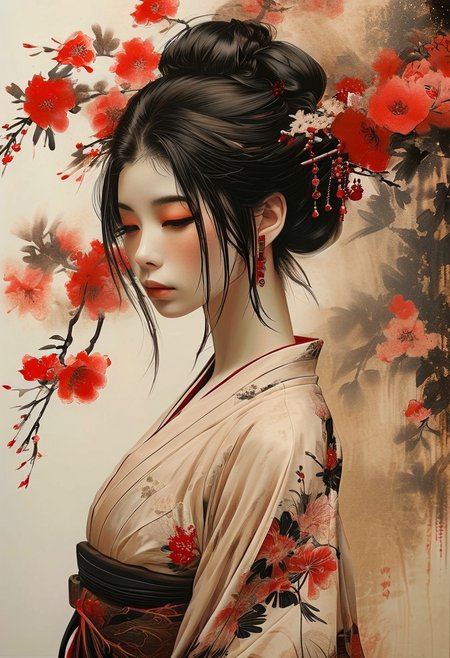 ink illustration, (anime:0.5), brown tones, aged paper, inkpunk, brush strokes, by Alena Aenami and [Bill Carman|Kelly Vivanco] in the style of [J. Scott Campbell:Martiros Saryan:0.25],
japanese folklore, geisha evoking a sense of true sadness, (off shoulder kimono, nipple), portrait, deep black and rich red ink,