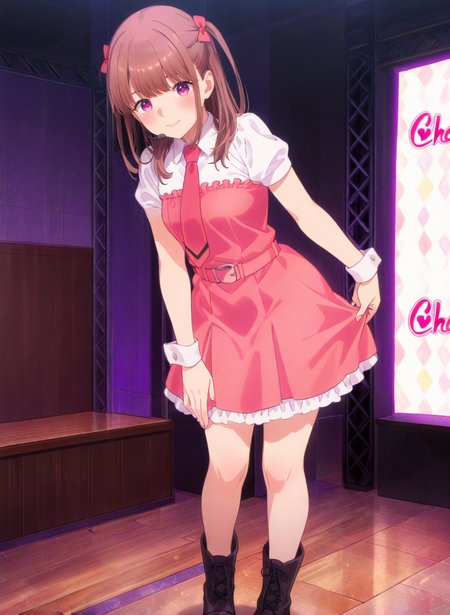 High quality,Ultra detailed,best quality,insanely detailed,beautiful,masterpiece,absurdres,very aesthetic,sensitive BREAK
1girl,solo,<lora:ichii_maina_V1_IL:1>,(ichii_maina, purple eyes, brown hair, long hair, bangs, two side up, hair bow, small breasts),(idol,white shirt,red necktie,puffy short sleeves,collared shirt,belt,dress,boots,frills,pink dress,wrist cuffs,black footwear),oshi ga budoukan itte kuretara shinu,looking_at_viewer,posing,smile,indoors,<lora:chamjam_stage_V1_IL:1>,stage,chamjam_stage,headset,