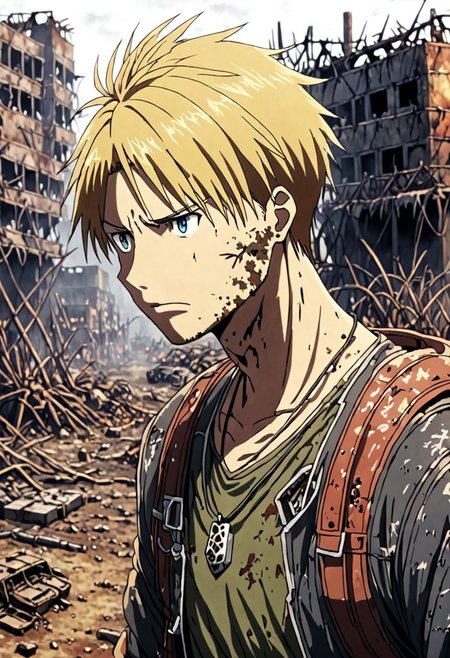 high resolution, solo, best quality, 1Boy, Yamato Ishida, Blond Hair, Necklace, shallow depth of field, Post-Apocalyptic, survival, OverallDetail