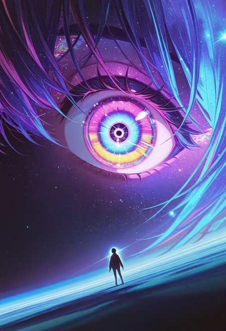 masterpiece, best quality, good quality, very aesthetic, absurdres, newest, 8K, depth of field,best quality,masterpiece,detailed, ((floating in space, 1girl, , 18yo,, she is falling in a giant multicolor eye, falling in pupil, multicolor iris, outer space background, detailed eye)), anxiety and anticipation, limited palette, glowing, psychedelic