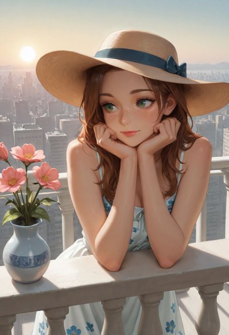 SmoothNoob_Quality, 1girl, solo, brown hair, long hair, green eyes, detailed eyes, freckles, lipstick, light smile, hat, sundress, floral print, sleeveless, tied shoulder straps, balcony, railing, white railing, flowers vase, leaning on railing, head rest on arm, sun, summer, cityscape, scenery  <lora:SmoothStyle_Lambda:1>