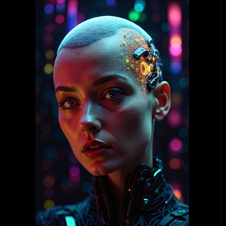 Create a futuristic, high-contrast image of a bald, bioengineered woman with a neural network implanted in her brain, gazing directly at the viewer with a confident and slightly surprised expression. Her skin is smooth and natural, but her eyes seem to hold a hint of macabre intensity. The background is a dark, nebula-like expanse, with tendrils of color swirling around her like a cyberpunk aurora. The overall effect should be one of dramatic, high-contrast realism, with a focus on fine texture and extreme detail. The image should feel like a still from a sci-fi movie, with a sense of futuristic unease and tension.  <lora:flux/skin texture style v5.safetensors:1.0>, skin texture style, realism, detailed, <lora:flux/Realism 2.safetensors:0.8>, realism, realistic,  <lora:art and styles/MysticFantasy.safetensors:0.8>,