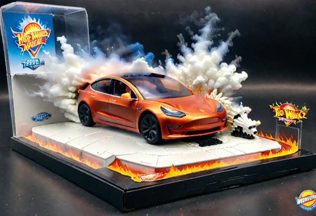 Hot Wheels toy car company have made a toy car version of a Tesla Model 3, The toy telsa model 3 car comes in a mini display unit/box. The car is exploding into fire and flames, white smoke fills the top of the display box, (realistic explosion from car), (realistic Flames bellow from the car windows inside the display unit),  (standing next to the car is a little palstic toy man, he holds both arms in the air,