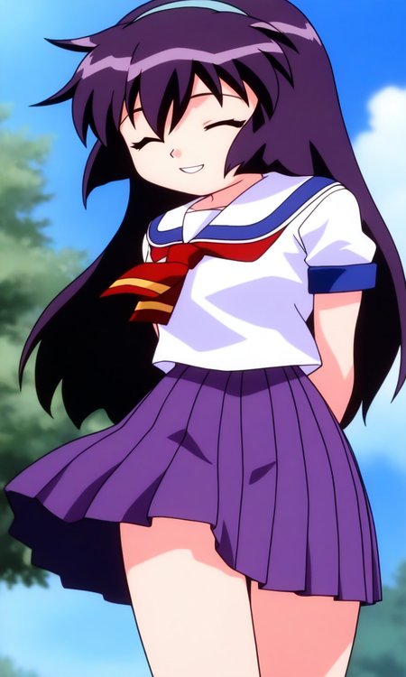 general,highres, ultra-detailed,very aesthetic,best quality ,best hands, BREAK  <lora:Amano_Misao_Pretty_Sammy_IS:1>
Amano_Misao, 1girl, solo, purple hair, long hair, bangs,  light blue hairband, closed eyes,  hair between eyes, 
school uniform, purple skirt, short sleeves, pleated skirt, 
sailor collar, red neckerchief,
smile, arms behind back, looking at viewer, parted lips,
sky, outdoor, day,