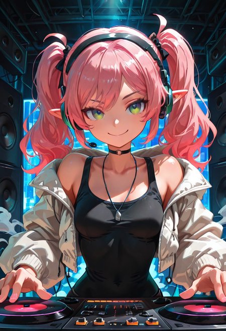 solo, elf girl, skinny, long pink hair, twintails, green eyes, small breasts, black tank top, white puff jacket, headphones, concentrating, smile, turntable, speakers, colorful light show, smoke, sound equipment, dj, rave, indoors, crowd in background, t4kar4i_illu, no_outlines, no lineart, masterpiece, best quality, absurdres,