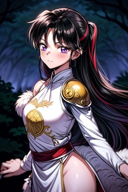 best quality 1girl Setsun4 solo long hair,  (night time) forest background black hair very long hair purple eyes multicolored hair armor, small, (fur trim) (medium body),<lora:EMS-179-EMS:0.800000>,<lora:EMS-293862-EMS:0.800000> bow, hair_bow, hair_tubes, red_bow, brown_hair, long_hair, bangs, ascot, frilled_bow, yellow_ascot, blush, smile, hair_between_eyes, athletic, armor, miko, ,(((intricate outfit,intricate clothes,embroidered outfit,ornate outfit,embroidered clothes,ornate clothes)))