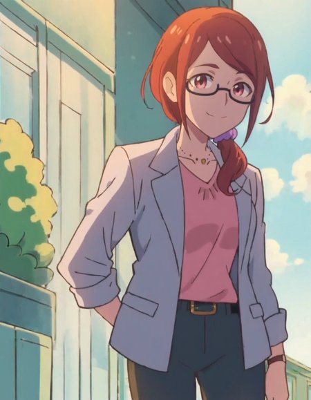score_9, score_8_up, score_7_up, anime screencap, solo,1girl,nonosumire,  glasses, jewelry, necklace,  pants, jacket, purple scrunchie, semi-rimless eyewear, watch,cowboy shot,medium breasts,wide hip,smile <lora:nonosumire:0.8>