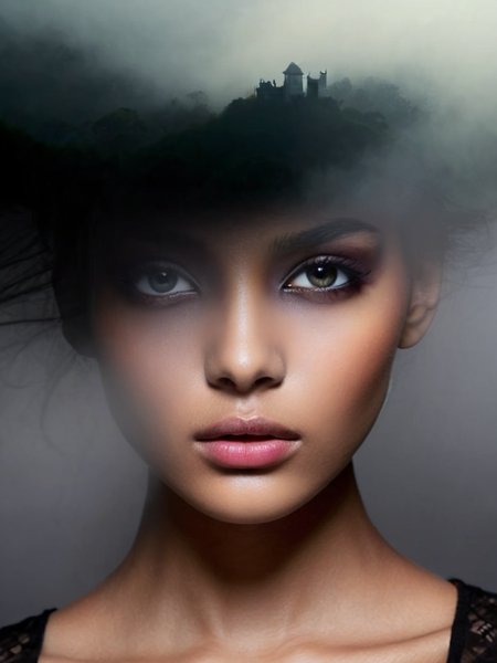 free flowing, high definition, color theory, stunning, sharp focus, close up of head,  portrait of a girl black , and fog amora-style <lora:antonio-mora-style:1>