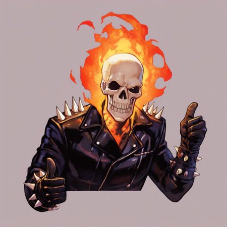 Zpdxl3, Score_7_up, score_8_up, upper body, 
BREAK,
 1boy, GhostRider, skull head, on fire, leather jacket, spikes, gloves, half open eyes, (thumbs up), simple background,