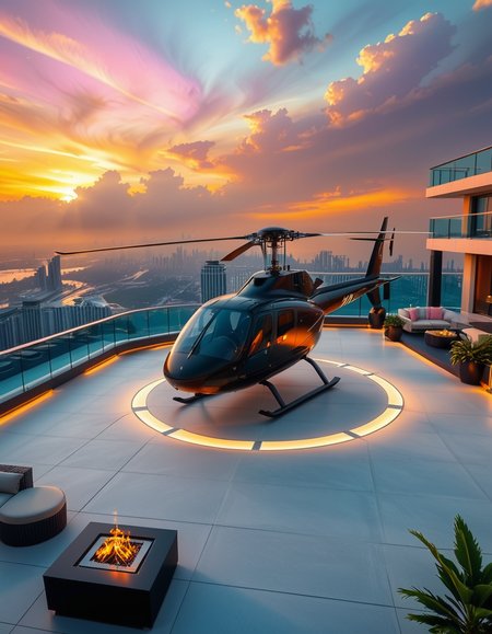 A high-resolution photo of a luxurious rooftop of a five-star hotel at sunset, featuring a sleek helipad with a high-end, matte-black private helicopter elegantly parked. The rooftop is designed with ultra-modern architecture, featuring a spacious terrace with infinity-edge glass railings, ambient lighting, and a panoramic city skyline in the background. The surface of the helipad is clean, polished concrete with clear illuminated markings. Surrounding the helipad, there are lounge areas with modern outdoor furniture, minimalist fire pits, and decorative planters with tropical greenery. The lighting is warm and golden, casting soft shadows and highlighting the contours of the helicopter and the textures of the rooftop. The sky is dramatic, painted with hues of orange, pink, and violet, creating a cinematic atmosphere of luxury and exclusivity. The overall mood is elite, calm, and aspirational, showcasing the ultimate in urban luxury lifestyle.
<lora:SDXLFaeTastic2400:0.4> <lora:extremely_detailed:0.4> extremely detailed, <lora:helipad_r00ft0p:1>,helipad r00ft0p, Masterpiece,best quality,hi res,8k,hi res,8k,award winning,(sharp focus, intricate, highly detailed),