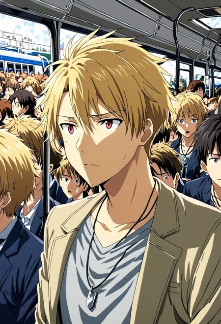 high resolution, solo, best quality, 1Boy, Yamato Ishida, Blond Hair, Necklace, inside a bus, crowd, horny, OverallDetail
