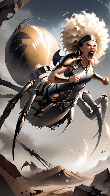 <lora:4r4chn1dPony:0.75>, score_9, score_8_up, score_7_up, score_6_up, fantasy 4r4chn1d, concept art, digital art, realistic, detailed face,  solo, arachnid, Viscacha inspired desktop wallpaper, official_wallpaper, atmospheric, warrior, screaming, combat stance, holding a weapon,  dark blonde hair, Fair skin, Afro, <lora:Smooth Anime 2 Style SDXL_LoRA_Pony Diffusion V6 XL:0.8>, in location burning desert, (Masterpiece:1.3) (best quality:1.2) (high quality:1.1)