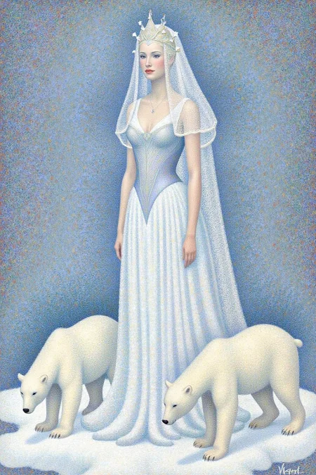 geoseu1 pointillist painting.
A Snow Queen with an ethereal appearance. She is dressed in a flowing, long white gown that seems to shimmer, possibly made of a translucent fabric or lace, giving it a delicate, ethereal quality. Her hair and face are obscured by a delicate, sheer veil that extends to the ground, adding to her otherworldly aura. Two polar bears are walking besides her.  <lora:geoseu1_cap_d6a3e12:1.0><lora:821051091325155088:0>