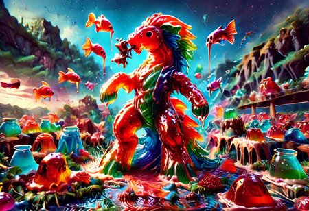 high quality, (Domination of the blue color:2), Jellystyle, stone bridge<lora:bad_prompt_version2-neg:1> <lora:By bad artist -neg:1>  <lora:Jelly_Style:1> (rainbow color grading:1.5). (Icing milk:2). (Sugar coating :1). berry made of jelly. River of milk. ais-chocsauce Mountains. Crystallized Sugar Rain. The floor is covered with honey. 
(Fish) Made of gum with glowing precious stones is shown into the jello realm.
Fighting dragons, made of Latex, multicolor, chocolate splashes. 
CastleBreizh XL Mk8 on the left.
Asymetric composition, dynamic pose, field of depth, grass in the foreground. Close-up view from below.