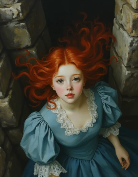 masterpiece, high quality, Oil Painting, Hyper-realistic, overhead view, hyper-detailed wide-angled painting of an awkwardly beautiful petite teen princess who is wearing a simple light blue Victorian dress that is corseted, hooped, and bustled, she is prim and proper. She is looking up at the viewer, with castle walls tightly around her. Her face is pale, almost translucent white, with lips painted a vivid red. She has bright green eyes, and flowing red hair. Oppressing castle walls surround her. She looks like a fashion model. Focus on the girl, shadow and light, Masterpiece, intricate lines, intriguing atmosphere, sharp magnificent details, delicate features, elaborate details, (2/3 rule composition:0.5), ultra detailed, romantic, Rembrandt lighting, brush stroke, lovely, novuschroma, in the style of Rembrandt. FS, vantablack <lora:style_of_Rembrandt_FLUX_135:.6> <lora:- Flux1 - vanta_black_V2.0:.3> <lora:neeeg_f1:-1> <lora:113_novuschromaFLX_1:.3> <lora:Midjourney_Whisper_Minimal:.4> <lora:FS_v2:.4>