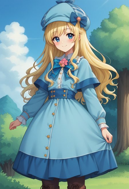 score_9, score_8_up, score_7_up, source_anime, highly detailed,
cordeliaglauca, 1girl, solo, blonde hair, long hair, hat, boots, dress, blue eyes,
smile, looking at viewer, blue dress, standing,
blue headwear, frills, long sleeves, closed mouth, bow, 
deerstalker,  bangs, blush, frilled dress, upper body
outdoor, sky, tree