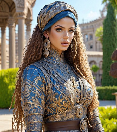 RAW photo, (masterpiece:1.3), subsurface scattering, heavy shadow, (high quality:1.4), (intricate, high detail:1.2), professional photography, HDR, High Dynamic Range, realistic, ultra realistic, photorealistic, high resolution, film photography, ambient lighting, atmospheric effects, <lora:detail_slider_v4:2>, OverallDetail,  <lora:BootyLatina:1>, bootylatina, earrings, dark makeup, jewelry,  <lora:ArabianArmor:0.7>, arar, intricate metal armor, belt, headwear, closed mouth, simple background, looking at viewer, male focus, outdoors, solo,