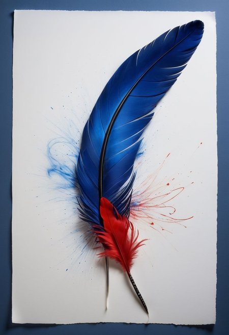 mysterious phoenix feather gliding through the air, single drop of deep blue ink dropping from the tip of the feather into a half full quill while an old piece of paper with beautiful writing and burning edges is hovering in the middle of it all, backlit glorious feather, fading blue red background, by Minjae Lee, Carne Griffiths, Emily Kell, Steve McCurry, Geoffroy Thoorens, Aaron Horkey, Jordan Grimmer, Greg Rutkowski, amazing depth, double exposure, surreal, geometric patterns, intricately detailed, bokeh,  perfect balanced, deep fine borders, artistic photorealism , smooth,  great masterwork by Suiras  <lora:add-detail-xl:2>  <lora:Double_Exposure:0.5>