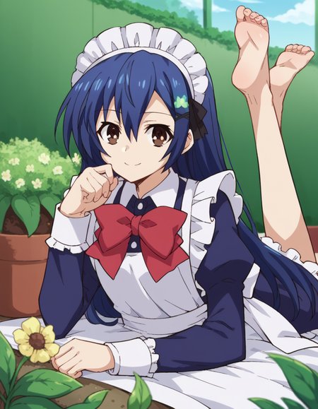 score_9, score_8_up, score_7_up, source_anime, <lora:shiori-itsuka-s2-ponyxl-lora-nochekaiser:1>, shiori itsuka, long hair, hair ornament, brown eyes, blue hair, hairclip, otoko no ko,, long sleeves, dress, bow, frills, bowtie, apron, red bow, maid, maid headdress, crossdressing, enmaided, gardening, watering plants, backyard, flowers blooming, sunny day, smile, <lora:the-pose-ponyxl-lora-nochekaiser:1>, the pose, on stomach, feet up, lying, soles, feet, legs up, head rest, barefoot, looking at viewer, solo,, dutch angle, cowboy shot