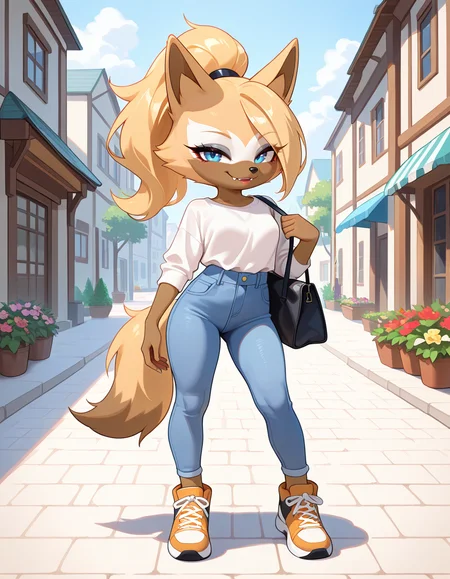 masterpiece, best quality, very aesthetic, absurdres,
outdoors, casual, 
full body, standing, posing, 
 seductive smile, parted lips, long eyelashes,
 <lora:Whisper_the_Wolf_v01_NAIXL:1>,
Wh15p3r,1girl,solo,furry,furry female,wolf girl,long hair,blonde hair,wolf ears,ponytail,blue eyes,makeup,anout,animal nose,fangs,body fur,two-tone fur,orange fur,brown fur,wolf tail,