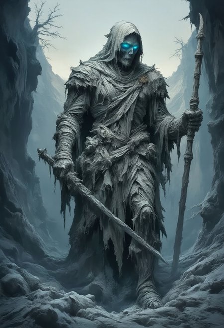 A cinematic and highly detailed portrayal of a mummy warrior, its ancient, bandaged body exuding an eerie, otherworldly power. The warrior stands in the heart of a cold, desolate hellscape, surrounded by frost-covered ruins and jagged, icy terrain. Shadows twist and dance around it, as if alive, forming ghostly, skeletal figures. The mummy wields two ethereal scythes, their blades shimmering with an icy, spectral glow, leaving trails of cold mist as they move. The bandages on its body are tattered and frayed, revealing patches of frostbitten flesh and glowing, rune-like markings pulsing with a pale blue light. Its hollow eyes burn with an intense, cold flame, exuding menace and sorrow. The background features towering glaciers and frozen, twisted trees, while a pale, ghostly light from a distant, icy moon casts long, dramatic shadows across the scene. The overall atmosphere is chilling, fantastical, and hauntingly beautiful, capturing the warrior's deadly grace and the unyielding cold of its cursed existence.