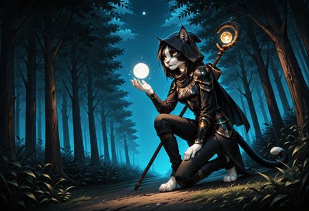 score_9, score_8_up, score_7_up, (solo), sfw BREAK 1girl, Ember (ESO), anthro, feline, black and white fur, cat tail, black hair, yellow eyes, slim, breasts, (black armor:1.2), pants, hood, (wizard's staff on the back:1.2), BREAK kneel on one leg, in a middle of the forest, trees, orb of light above head, beautiful nature background, looking at hand, hand up, hand on a ground, check for traces, summer, night, darkness, beautiful night sky, extremely detailed, cinematic soft lighting, tranquil setting, natural beauty, detailed background, sharp focus, extremely detailed, high detail, dynamic angle, dynamic pose