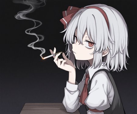 masterpiece, best quality, amazing quality,  1girl, solo,  looking at viewer, smoking,  <lora:Uwata_h ILXL:1> Uwata_h,  touhou