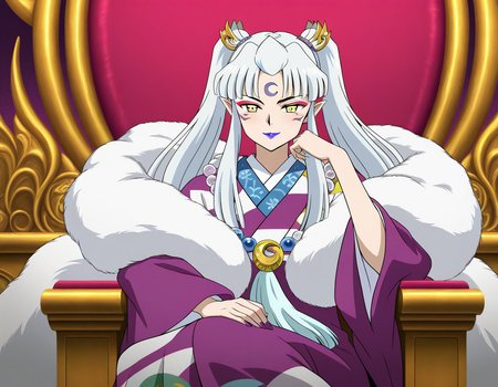 general,highres, ultra-detailed,very aesthetic,best quality ,best hands,  BREAK  <lora:Sesshomaru_no_Haha_IS:1>
Sesshomaru_no_Haha,pointy ears, japanese clothes, 1girl,solo, facial mark, kimono, white hair, long hair, 
yellow eyes, makeup, lipstick, forehead mark, crescent, necklace, fur, jewelry, purple lips, ponytail, twintails, fur trim, anime coloring, hair ornament, wide sleeves,
throne, throne, sitting,fearless smile,