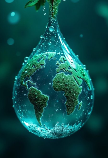Green world trapped into the blue rain droplet with million droplets creating a stunning galaxy