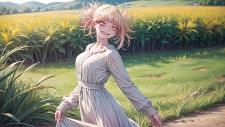 masterpiece, ultrarealism,
1girl, (((white dress, dress, cute dress, linen dress, long dress))), (perfect hands:1.2), Solo,  portrait, closeup, view from the back, blond hair,  look at the viewer, cute smiling, amazing eyes, detailed eyes, <lora:GoodHands-vanilla:1>,
dazzling rays of the sun, day, amazing background, stands in the center, best shadows, strong depth of field, fields, hill, greenery, grass,
(realistic:1.3), epic realistic, detailed, 4k, <lora:TogaHimikoLoRA:1>, <lora:add_detail:1.0>,