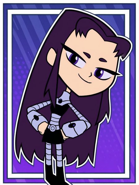 Blackfire, 1gilr, solo, long hair, dark purple hair, purple eyes, purple sclera, pale white skin, bodysuit, purple nail polish, purple eyeliner, black crop top, black miniskirt, thigh boots, armor, grey pantyhose, long sleeves, crop top, thigh boots, miniskirt, bracer, (smile, dutch angle, Hands on hips, naughty pose, looking at viewer, solo, dynamic pose, head tilt,),(( dynamic halftone dot background, stylized background, White frame, Square frame, white outline))
