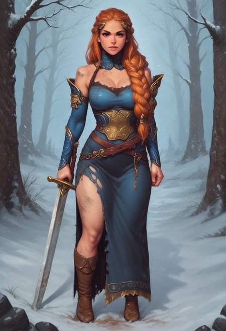 1girl, realistic drawing, anime, by Sam Yang, northern forest, snow,
gorgeous seductive Norse woman, 24 years old, (flirty), looking at viewer,
standing to a roaring campfire, dynamic pose
long auburn hair, 
dark brown eyes,
torn linen dress, leather, rags, tattered clothing, hips, groin, dirty,
masterpiece, best quality, highly detailed, realistic
((full-clothed)), ((long big sword in hands, big sword in hands))
BREAK 
strange world background score_9, score_8_up, score_7_up, score_6_up, source_cartoon, rating_explicit, Expressiveh, (((((full body))))), dynamic pose