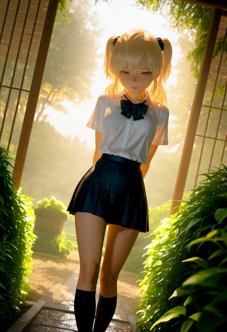 HDR, 8K, high contrast, masterpiece, best quality, amazing quality, very aesthetic, superabsurd res, high resolution, ultra-detailed, absurdres, newest, scenery, (horikoshi kouhei:0.3), (quasarcake:0.3), (wlop:0.3), light rays, dynamic angle, chiaroscuro, close up, dutch angle, solo, tm_emily, blue eyes, blonde hair, petite, two side up, scrunchie, school uniform, white shirt, short sleeves, dark blue skirt, pleated skirt, miniskirt, bow, kneehighs, seductive eyes, in heat, half closed eyes, looking at viewer, hands behind back, outside, garden, green house, flowers, golden hour, fog, partially illuminated, (backlighting), Intricately designed, Mysterious Shadows, BREAK, photorealistic, beautiful detailed eyes, detailed skin, detailed hair, volumetric lighting, dappled light, light particles, dramatic shadows, cinematic lighting, photo background, depth of field, <lora:ponyxl\cfg_scale_boost:0.8> <lora:IL\KMS_TM_Emily_IL-000003:0.8>
