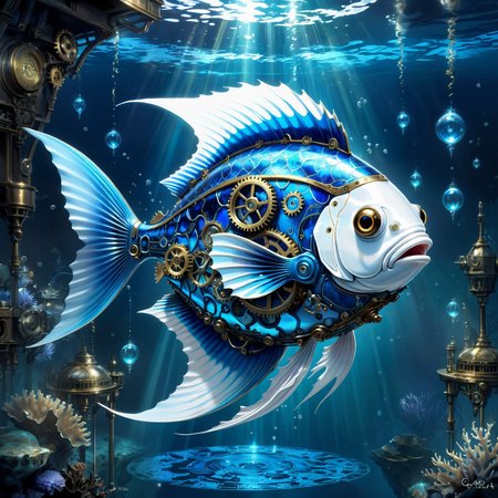 art, A captivating steampunk-inspired painting of an enchanting, vibrant blue fish. The fish is intricately designed with gears, cogs, and metallic components, giving it a futuristic and industrial look. Its translucent fins resemble cascading water, creating a mesmerizing effect. The fish swims against a light blue and white geometric background, with its reflection mirrored in the calm water below. This anime and fantasy-inspired illustration emanates a dark and mystical atmosphere, drawing the viewer into its captivating world., illustration, anime, dark fantasy, painting, highly detailed, spotlights, bokeh  <lora:art-v5:.6>