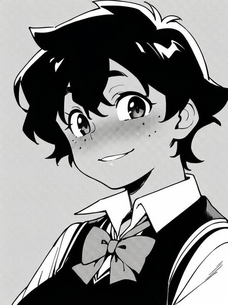 score_9, score_8_up, score_7_up,  
1girl, monochrome, seiko ee, medium hair, black hair, tan, black eyes, large breasts, freckles,

school uniform, face, upper body, bowtie, black sweater vest, smile, blush, looking at viewer,