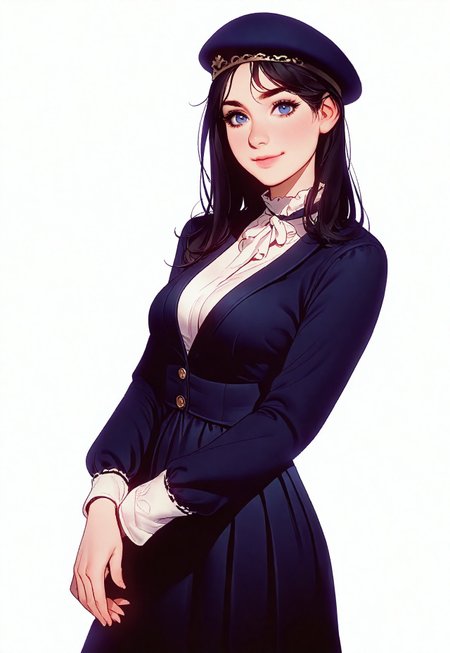 safe_pos, 1girl, caitlyn(League of legends), detailed blue eyes, thin lips, medium breast, looking at viewer, smiling,
skirt, suit jacket, marine beret hat, victorian era,
artist : tsuaii,
(((white background))), 
masterpiece, best quality, very aesthetic,