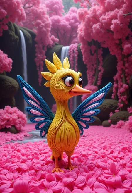 <lora:flux-licoricestyle.safetensors:1> made out of  Licorice, A fantastical creature with striped, animal-like features, blending the familiar with the exotic.
A cartoonish bird with vibrant yellow feathers and contrasting blue wings stands on a pink petal-covered surface within a lush, dreamy landscape filled with magenta hues. The background features cascading water and dense foliage, creating a magical environment. The bird has large, expressive eyes and a pointed beak, gazing curiously at the viewer.