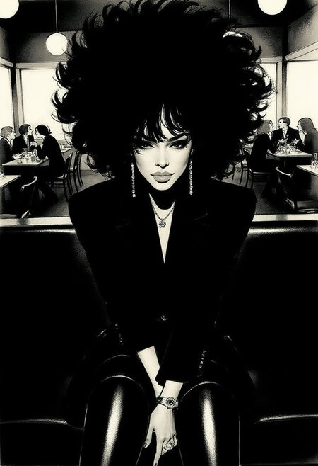 regr1 illustration.   
 a black-haired black woman seated in a dimly-lit restaurant. She is dressed in a dark-colored jacket and faux-leather leggings, his hands resting on her lap. The woman's face is adorned with a afro hairdo, adding a pop of color to the otherwise monochromatic scene. The restaurant is filled with people, their tables and chairs visible in the background.  <lora:regr3_shoujo_nocap_d6a3:1.0><lora:808055735763155314:0>