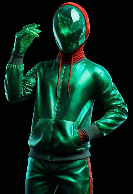 portrait of (faceless:1.7) man with a strange emeraldmorph glowing faceless. green and red colors. creature wear in red sporty tracksuit. clean Black background, <lora:EmeraldMorph:1.0> <lora:AtomicHeartTwinsCosplay_SDXL:0.7>  atomichearttwinscosplay <lora:detailed_notrigger:1>