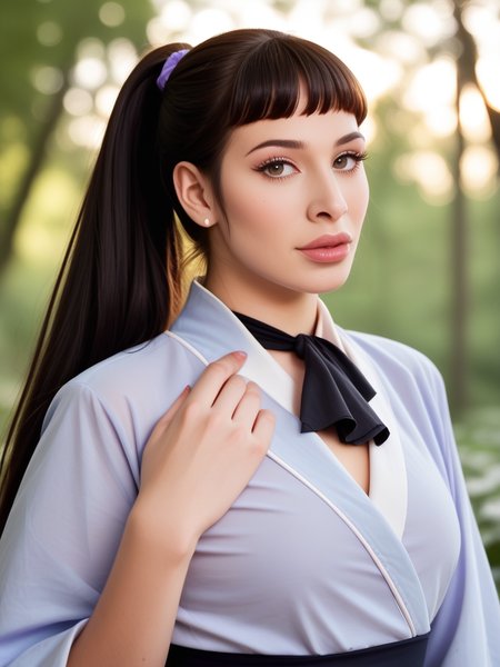 score_9, score_8_up, score_7_up, Al3x4Scout, Alexa Scout, <lora:Al3x4Scout-pony:1>, cinematic, ultra detailed, portrait, 1girl, makeup, lips, long hair, high ponytail, bangs, dark hair, big lips, wearing lilac kimono, wintry landscape, wearing ascot, solo, looking at viewer, bokeh, focus, film, velvia, artistic, best quality, photograph, focus, face focused, magic hour, photography, warm light, sunset, movie still,