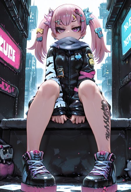 masterpiece, best quality,   (zzH0ld, shoes, black footwear, tattoo, sneakers, pink footwear, foot focus, sitting), zzH0ld, illuminated by neon blue and pink lights, cyberpunk cityscape in the background, sleek augmented tattoos glowing beneath their skin, metallic spikes on their jacket, holographic jewelry shimmering, circuitry-styled leg tattoo pulsing, futuristic high-tech aesthetic, cold mechanical stare  ,<lora:HoldXcute_IXL:1.0>,  NyxL0v3, <lora:NyxLoveStyle_IXL:0.8>,