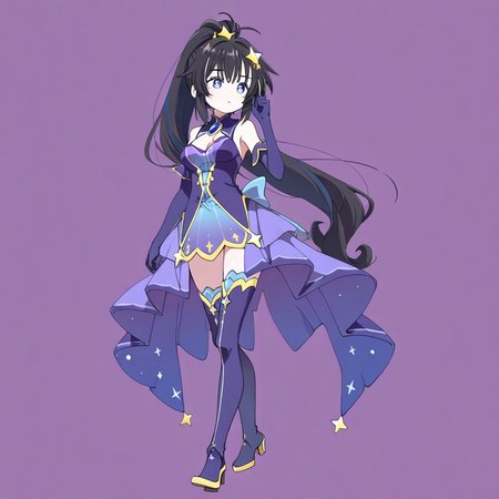elbow gloves, star hair ornament, walking, zhehelan, very long hair, cleavage, black hair, purple gloves, ponytail, index finger raised, blue gloves, medium breasts, adjusting hair, multicolored hair, full body, upper body, 1girl, brooch
