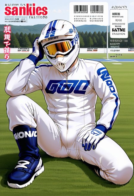 (Aaaild, Aaadjd, manga cover, magazine cover, text) source_anime,  perfect anatomy, perfect proportions, best quality, masterpiece, high_resolution, high quality, solo focus, male focus, male only, bara, gay, homo, mature, masculine, manly, virile, macho, hunky, rugged, beefy, middle-age, daddy, dilf, handsome, alluring, seductive, heroic, serious, grim, stern, unsociability, bluntness, gruffness, BREAK (faceless, eyeless, white dirt bike helmet, looking at viewer, white bodysuit, white racing gloves, Motorsport bodysuit, alpine racing suit, full bodysuit, skin covered, bodysuit bulge, long sleeves, black sneaker), BREAK sitting on grass ground, lying on back, relaxed pose, leaning slightly, one knee bent upward, legs spread, hand supporting head, contemplative expression, horny, kinky, domination, shading, countershading, outdoors, bright atmosphere, racing Motorcycle track background, scenery, asphalt